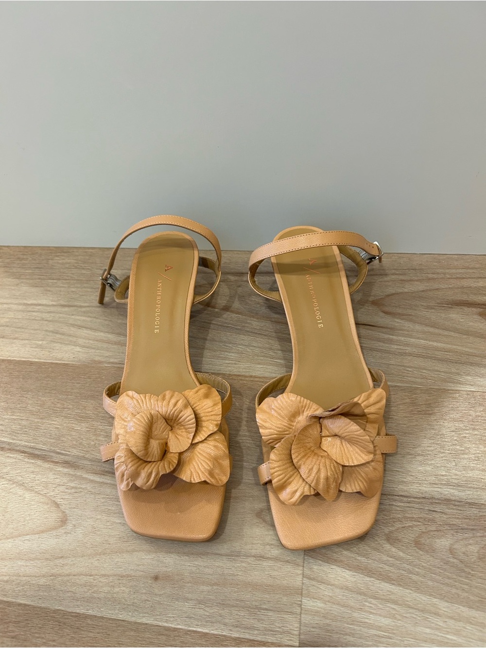 Anthropologie Tan Floral-Leather Ankle Strap Sandals